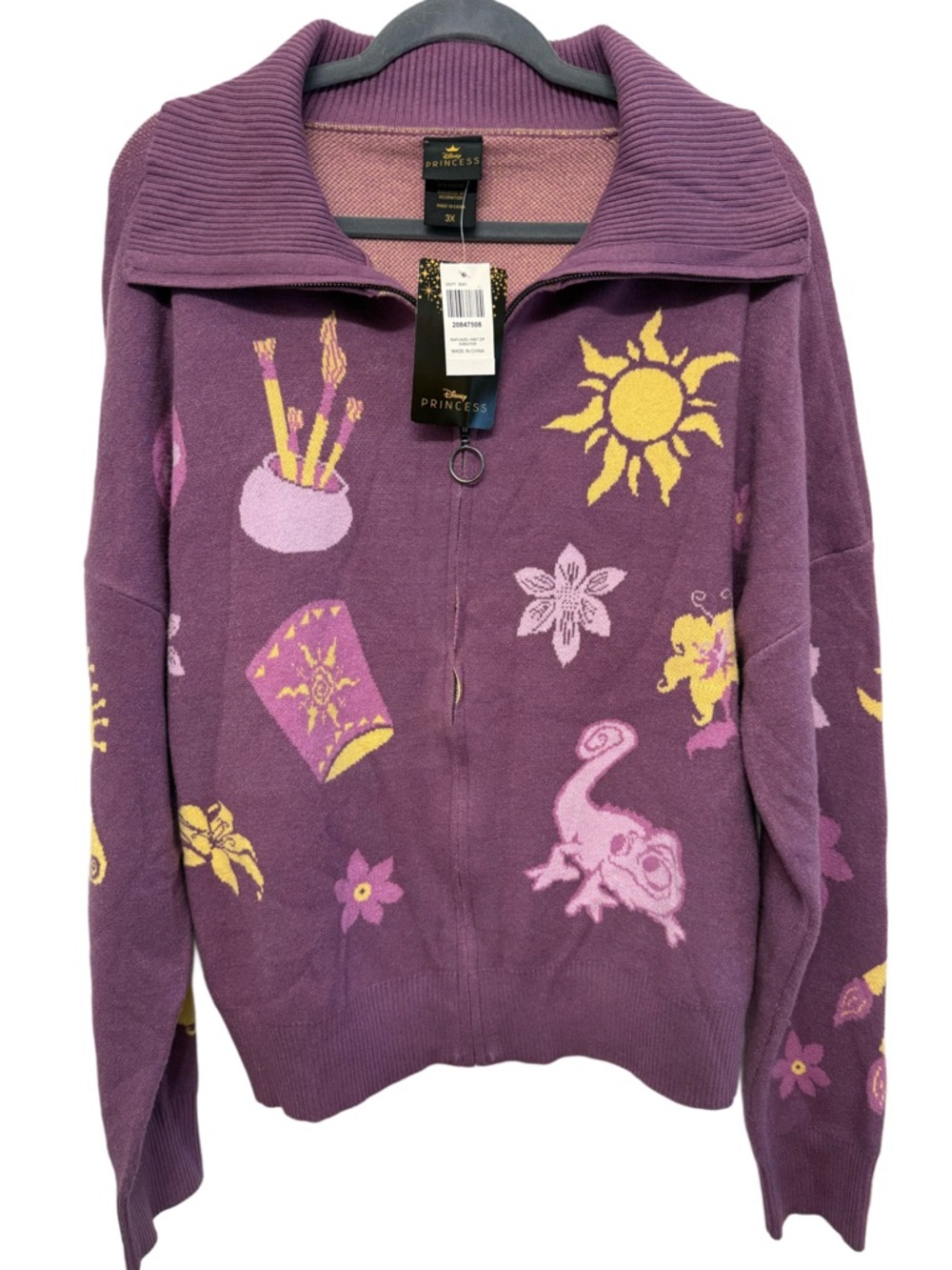 Disney Purple Zip-Front Cardigan Sweater with Yellow & Pink Motifs